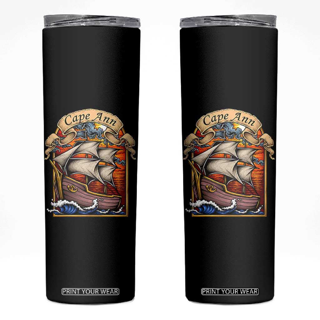 Cape Ann Vintage Nautical Sailing Ship Graphic Skinny Tumbler Retro Stained Glass Window Style Ocean Sunset Tall Ship