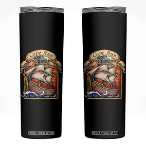 Cape Ann Vintage Nautical Sailing Ship Graphic Skinny Tumbler Retro Stained Glass Window Style Ocean Sunset Tall Ship