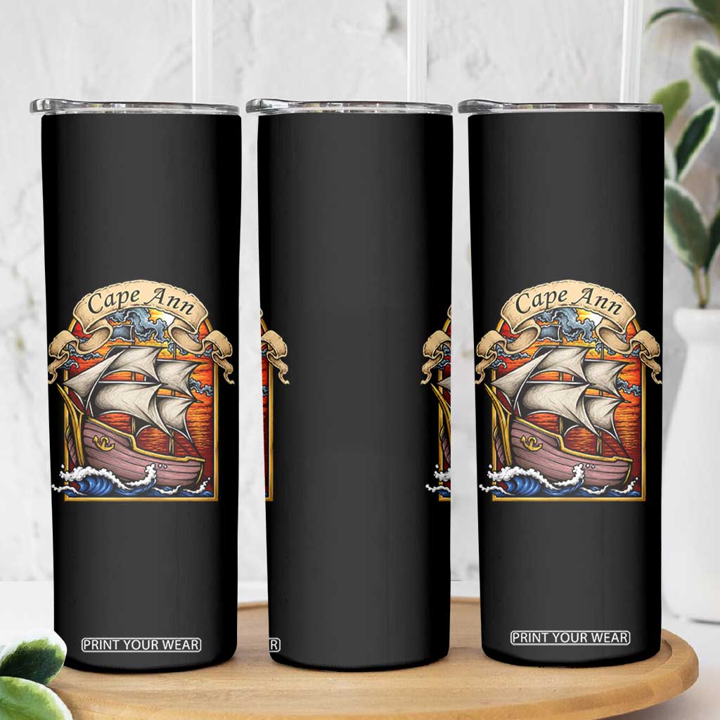Cape Ann Vintage Nautical Sailing Ship Graphic Skinny Tumbler Retro Stained Glass Window Style Ocean Sunset Tall Ship