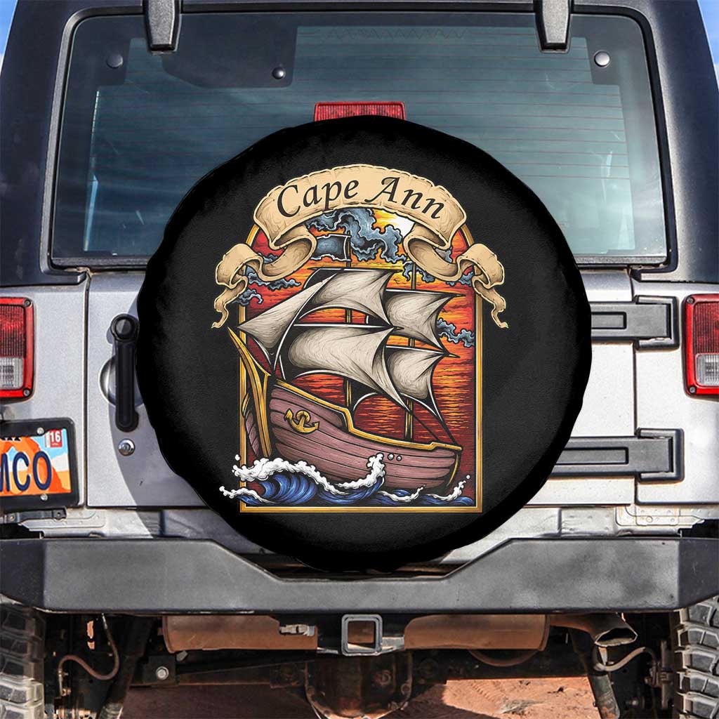 Cape Ann Vintage Nautical Sailing Ship Graphic Spare Tire Cover Retro Stained Glass Window Style Ocean Sunset Tall Ship TS02 No hole Black Print Your Wear