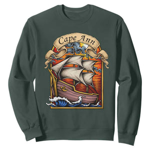 Cape Ann Vintage Nautical Sailing Ship Graphic Sweatshirt Retro Stained Glass Window Style Ocean Sunset Tall Ship