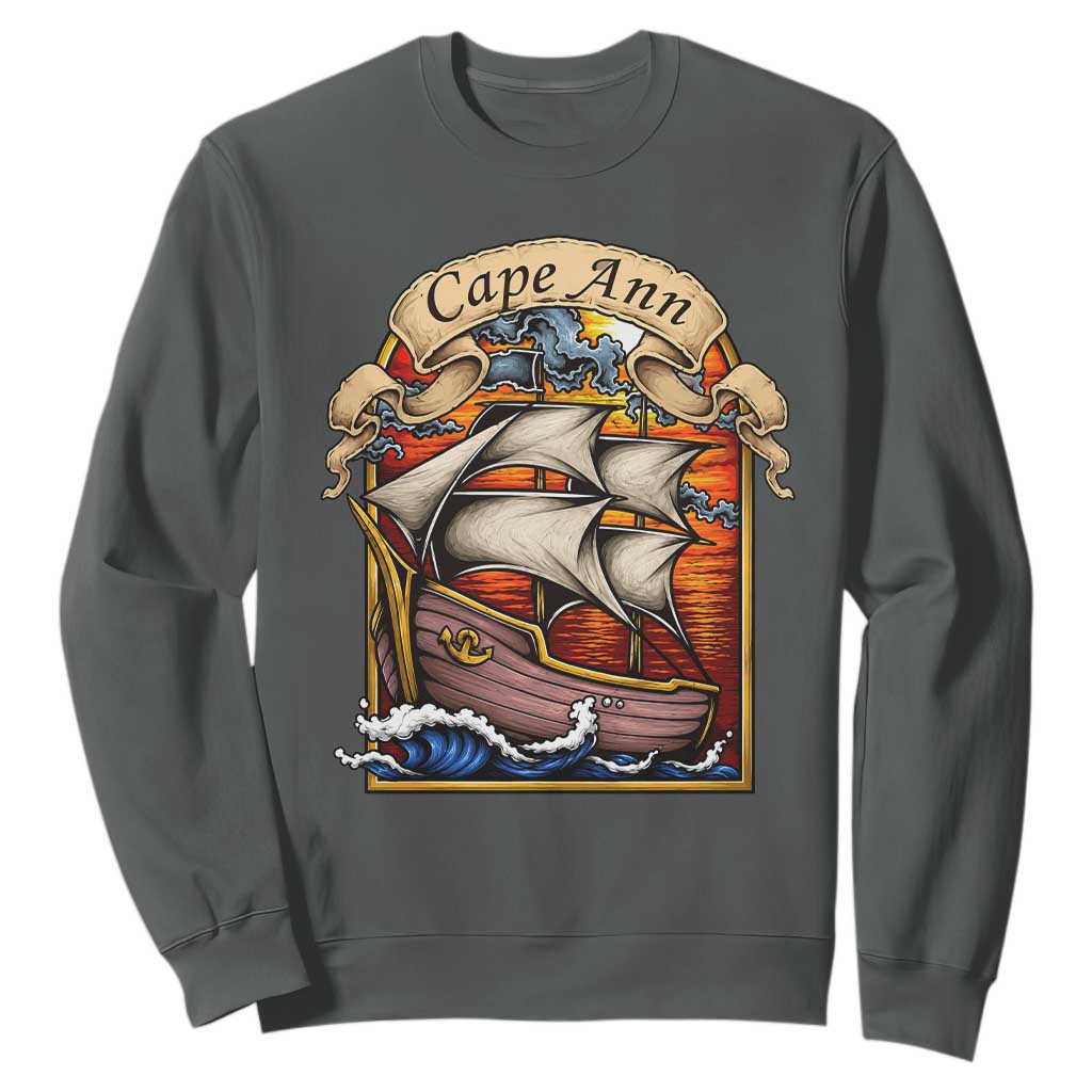 Cape Ann Vintage Nautical Sailing Ship Graphic Sweatshirt Retro Stained Glass Window Style Ocean Sunset Tall Ship