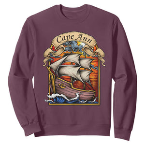 Cape Ann Vintage Nautical Sailing Ship Graphic Sweatshirt Retro Stained Glass Window Style Ocean Sunset Tall Ship