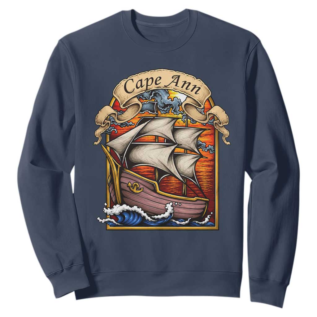 Cape Ann Vintage Nautical Sailing Ship Graphic Sweatshirt Retro Stained Glass Window Style Ocean Sunset Tall Ship