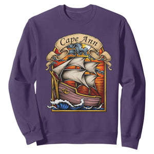 Cape Ann Vintage Nautical Sailing Ship Graphic Sweatshirt Retro Stained Glass Window Style Ocean Sunset Tall Ship