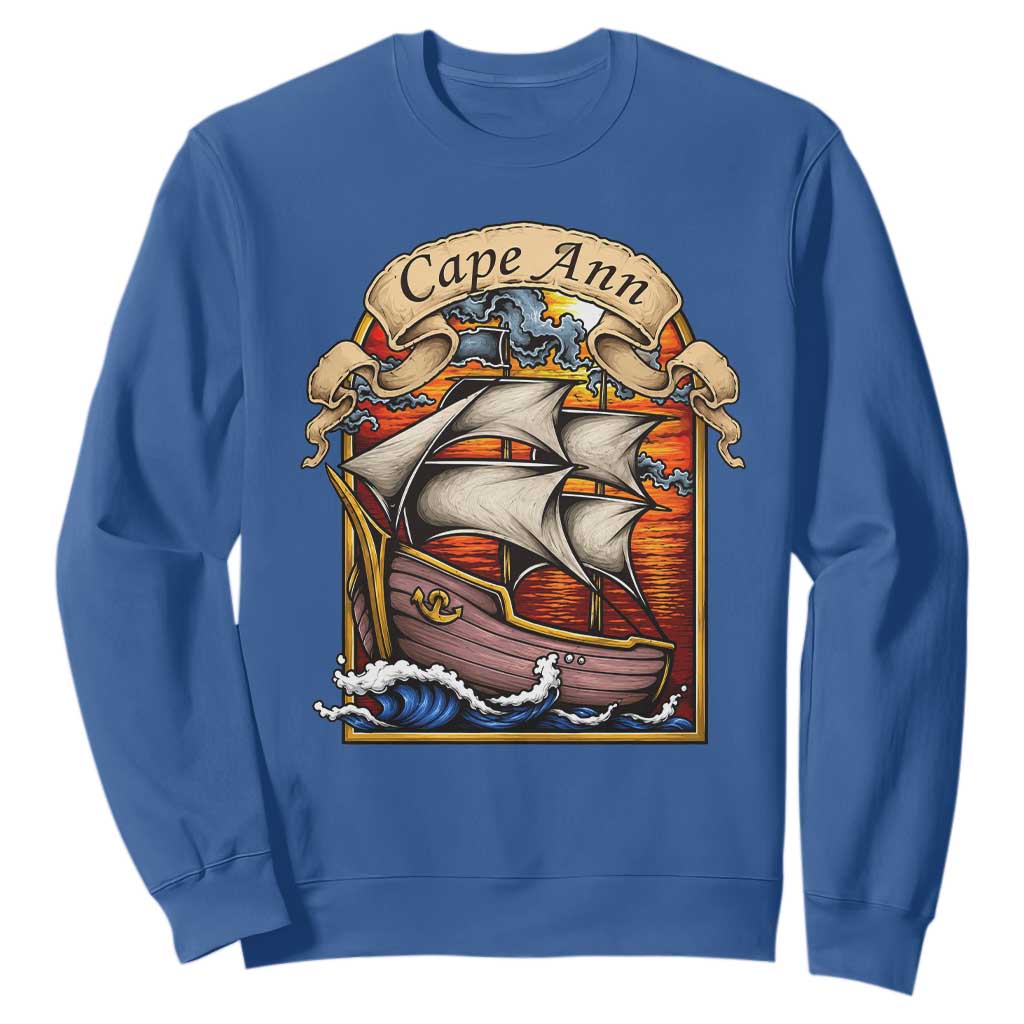 Cape Ann Vintage Nautical Sailing Ship Graphic Sweatshirt Retro Stained Glass Window Style Ocean Sunset Tall Ship