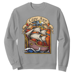 Cape Ann Vintage Nautical Sailing Ship Graphic Sweatshirt Retro Stained Glass Window Style Ocean Sunset Tall Ship