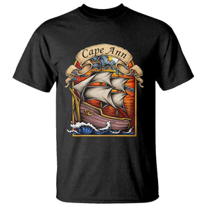 Cape Ann Vintage Nautical Sailing Ship Graphic T Shirt Retro Stained Glass Window Style Ocean Sunset Tall Ship