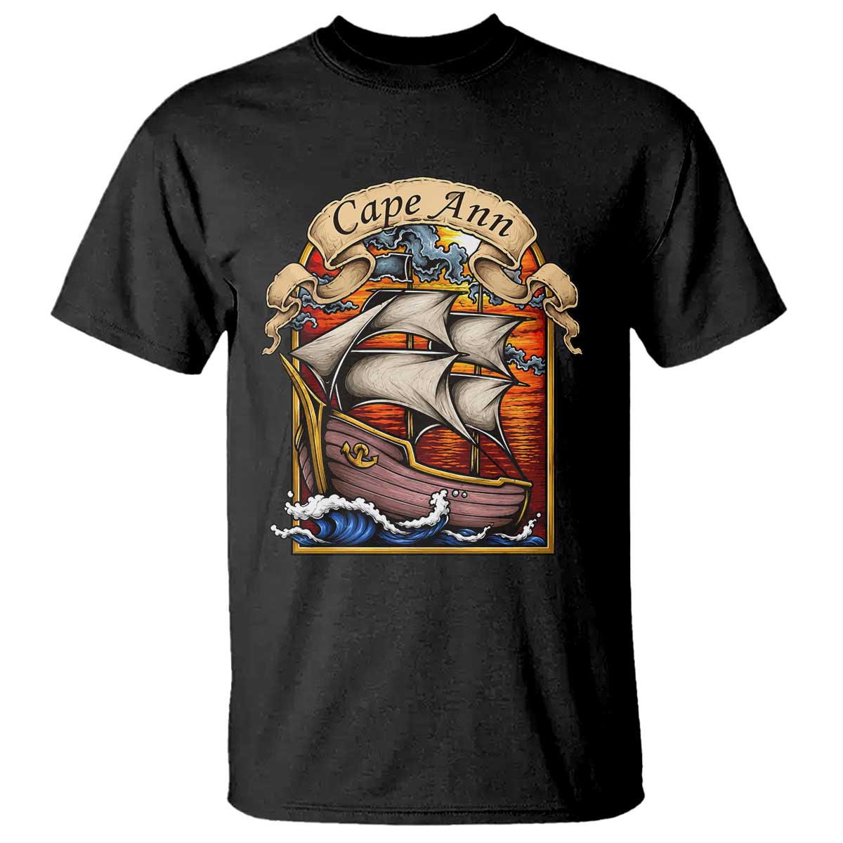 Cape Ann Vintage Nautical Sailing Ship Graphic T Shirt Retro Stained Glass Window Style Ocean Sunset Tall Ship TS02 Black Print Your Wear