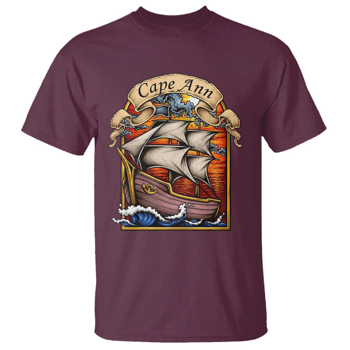 Cape Ann Vintage Nautical Sailing Ship Graphic T Shirt Retro Stained Glass Window Style Ocean Sunset Tall Ship