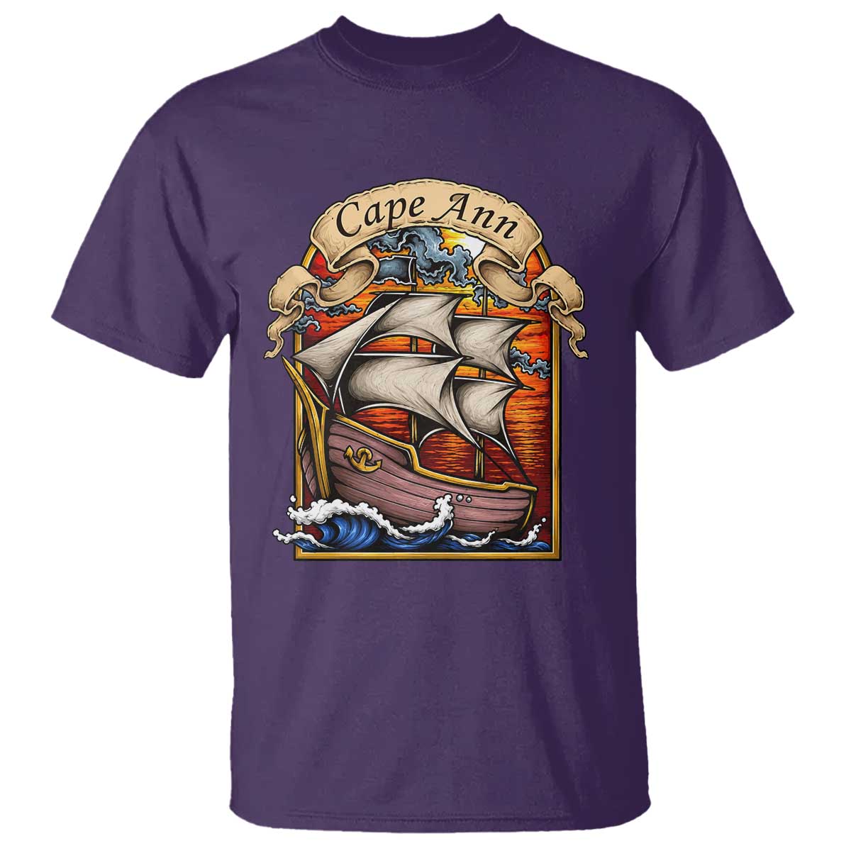 Cape Ann Vintage Nautical Sailing Ship Graphic T Shirt Retro Stained Glass Window Style Ocean Sunset Tall Ship