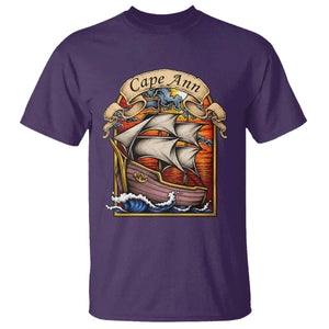 Cape Ann Vintage Nautical Sailing Ship Graphic T Shirt Retro Stained Glass Window Style Ocean Sunset Tall Ship