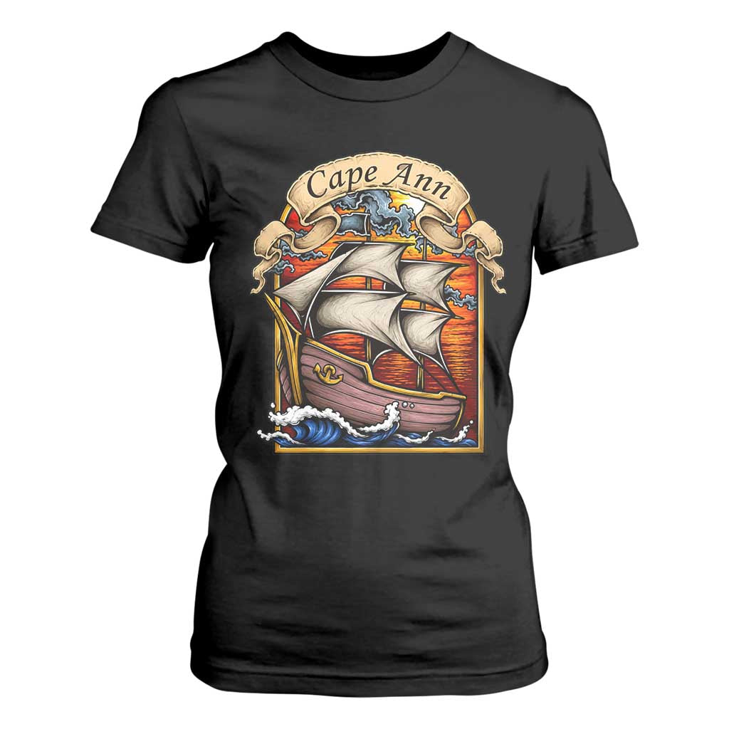 Cape Ann Vintage Nautical Sailing Ship Graphic T Shirt For Women Retro Stained Glass Window Style Ocean Sunset Tall Ship