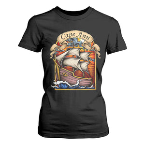 Cape Ann Vintage Nautical Sailing Ship Graphic T Shirt For Women Retro Stained Glass Window Style Ocean Sunset Tall Ship