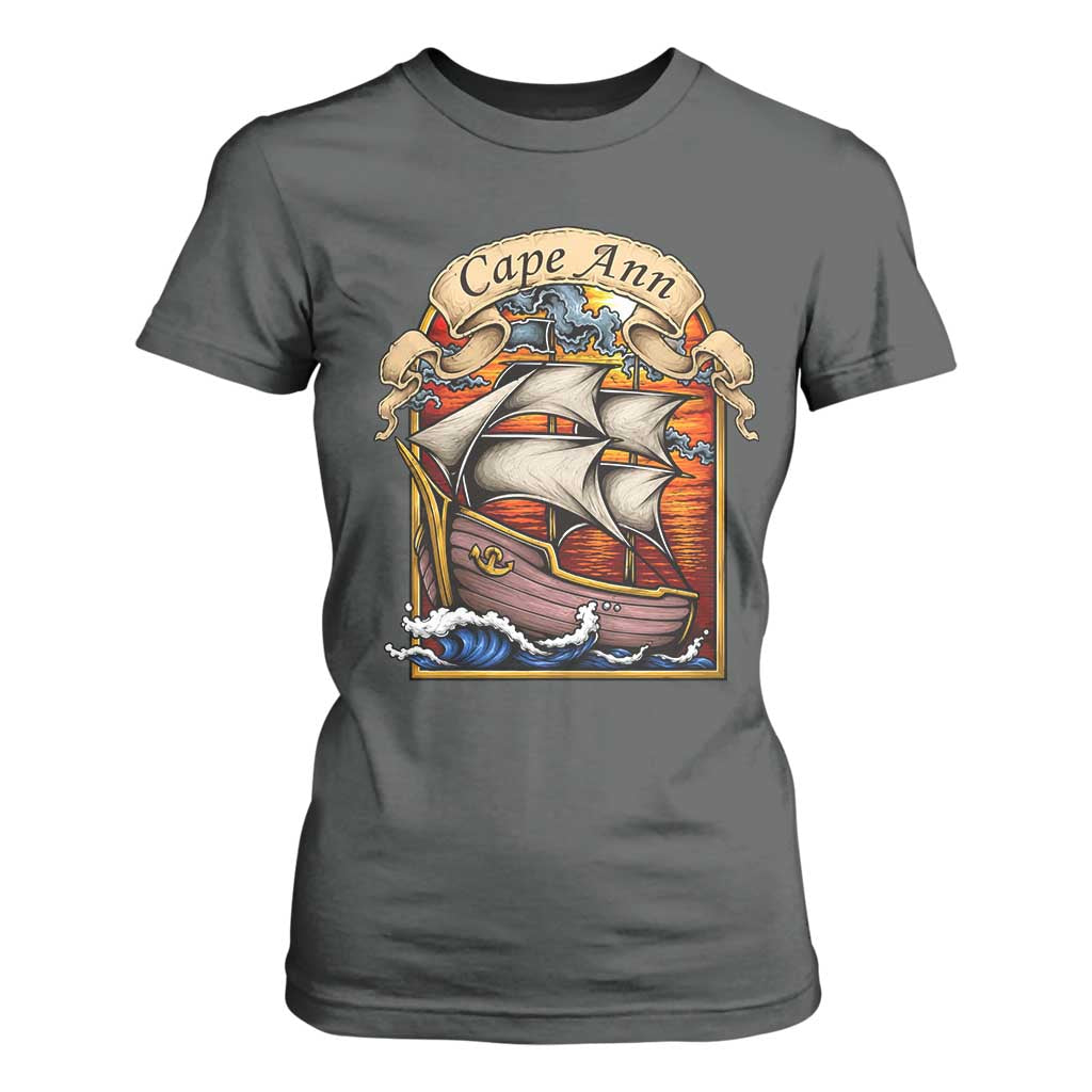 Cape Ann Vintage Nautical Sailing Ship Graphic T Shirt For Women Retro Stained Glass Window Style Ocean Sunset Tall Ship