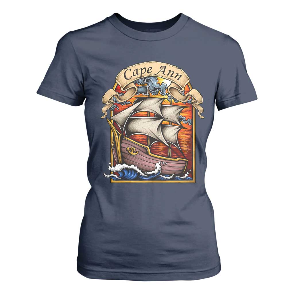 Cape Ann Vintage Nautical Sailing Ship Graphic T Shirt For Women Retro Stained Glass Window Style Ocean Sunset Tall Ship