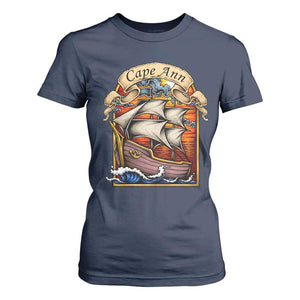 Cape Ann Vintage Nautical Sailing Ship Graphic T Shirt For Women Retro Stained Glass Window Style Ocean Sunset Tall Ship