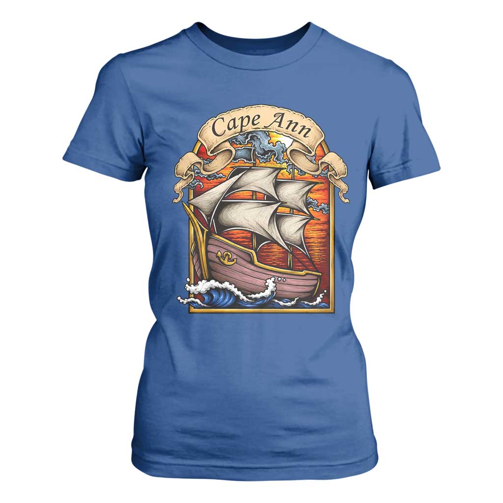 Cape Ann Vintage Nautical Sailing Ship Graphic T Shirt For Women Retro Stained Glass Window Style Ocean Sunset Tall Ship