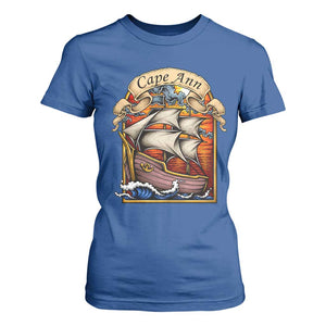 Cape Ann Vintage Nautical Sailing Ship Graphic T Shirt For Women Retro Stained Glass Window Style Ocean Sunset Tall Ship