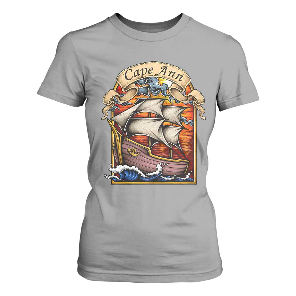 Cape Ann Vintage Nautical Sailing Ship Graphic T Shirt For Women Retro Stained Glass Window Style Ocean Sunset Tall Ship