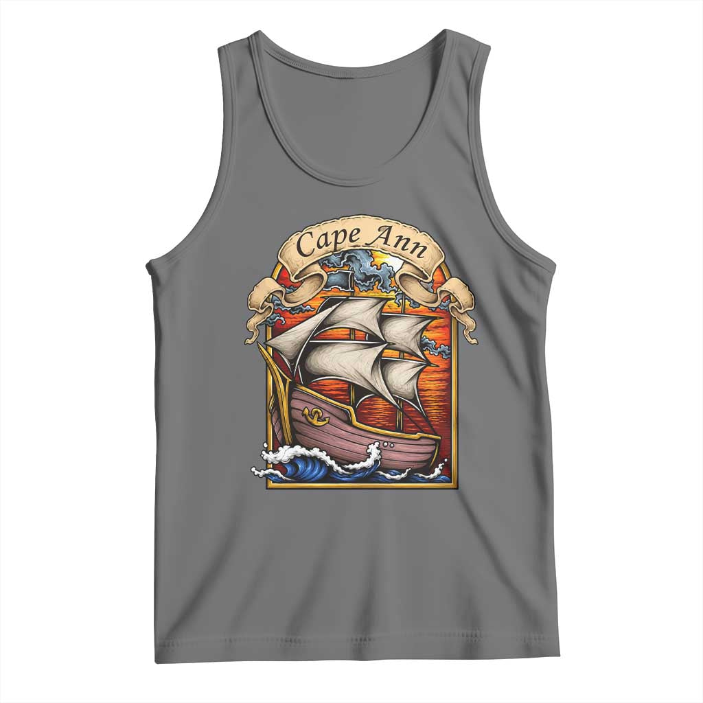 Cape Ann Vintage Nautical Sailing Ship Graphic Tank Top Retro Stained Glass Window Style Ocean Sunset Tall Ship