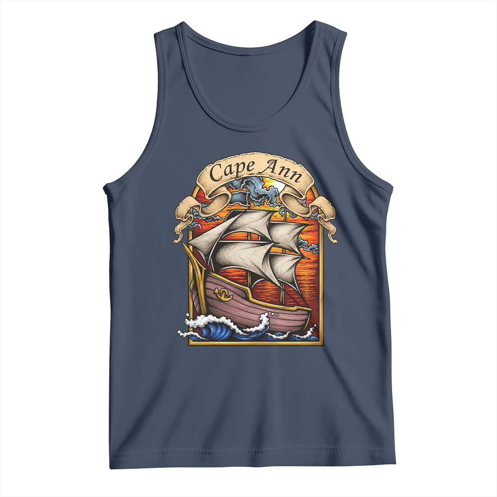 Cape Ann Vintage Nautical Sailing Ship Graphic Tank Top Retro Stained Glass Window Style Ocean Sunset Tall Ship
