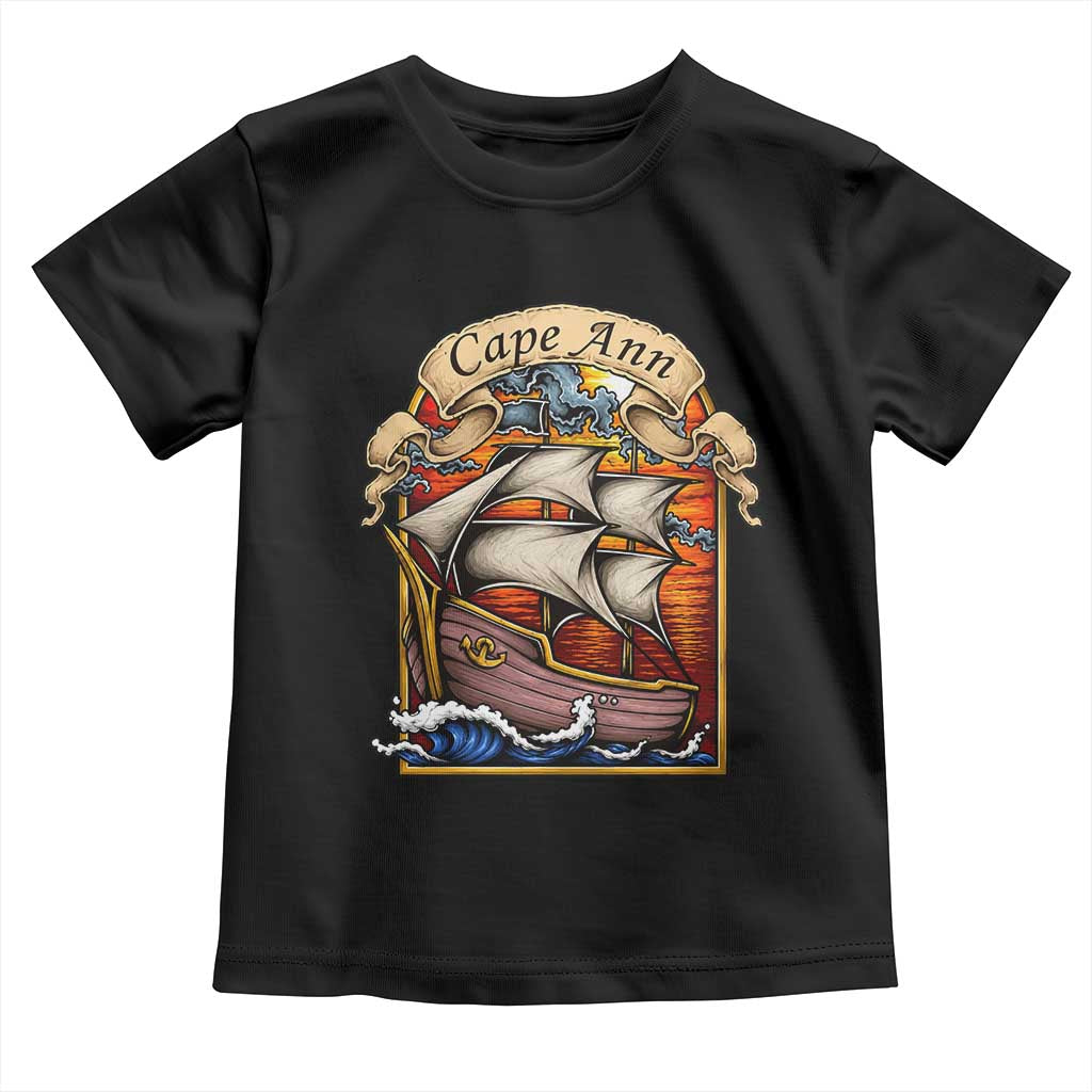 Cape Ann Vintage Nautical Sailing Ship Graphic Toddler T Shirt Retro Stained Glass Window Style Ocean Sunset Tall Ship TS02 Black Print Your Wear