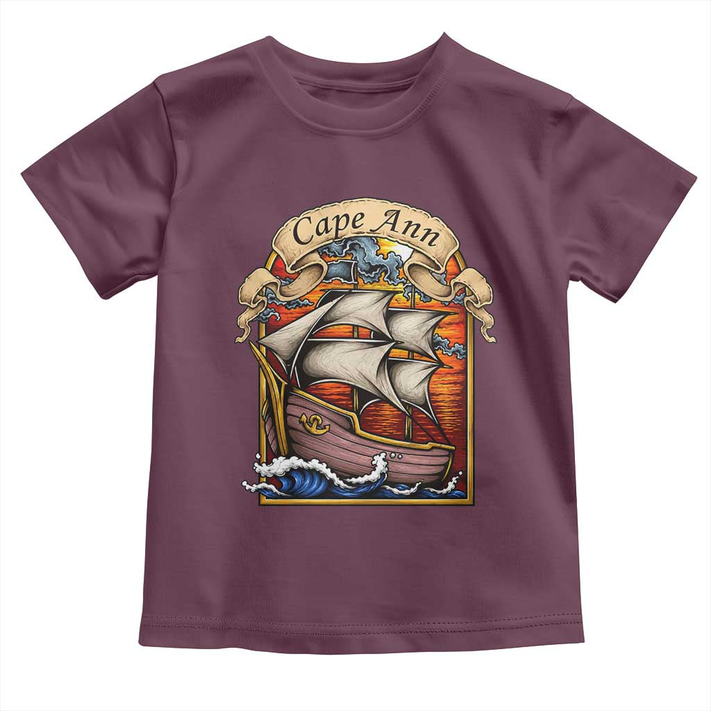 Cape Ann Vintage Nautical Sailing Ship Graphic Toddler T Shirt Retro Stained Glass Window Style Ocean Sunset Tall Ship