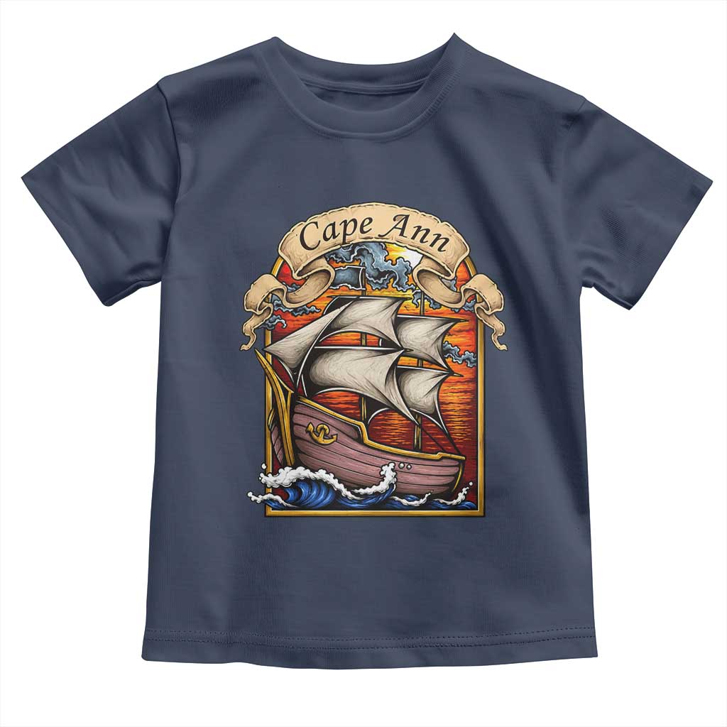 Cape Ann Vintage Nautical Sailing Ship Graphic Toddler T Shirt Retro Stained Glass Window Style Ocean Sunset Tall Ship