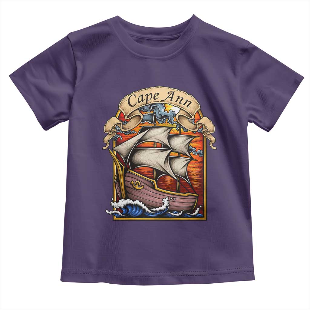 Cape Ann Vintage Nautical Sailing Ship Graphic Toddler T Shirt Retro Stained Glass Window Style Ocean Sunset Tall Ship