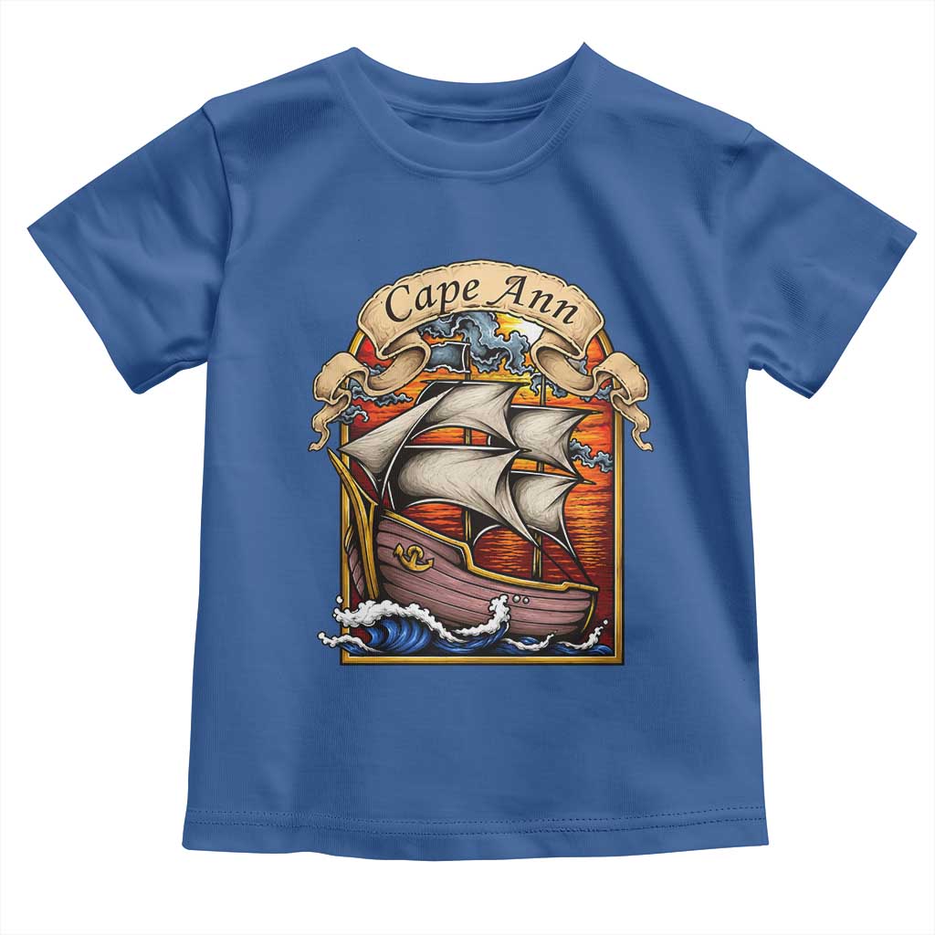 Cape Ann Vintage Nautical Sailing Ship Graphic Toddler T Shirt Retro Stained Glass Window Style Ocean Sunset Tall Ship