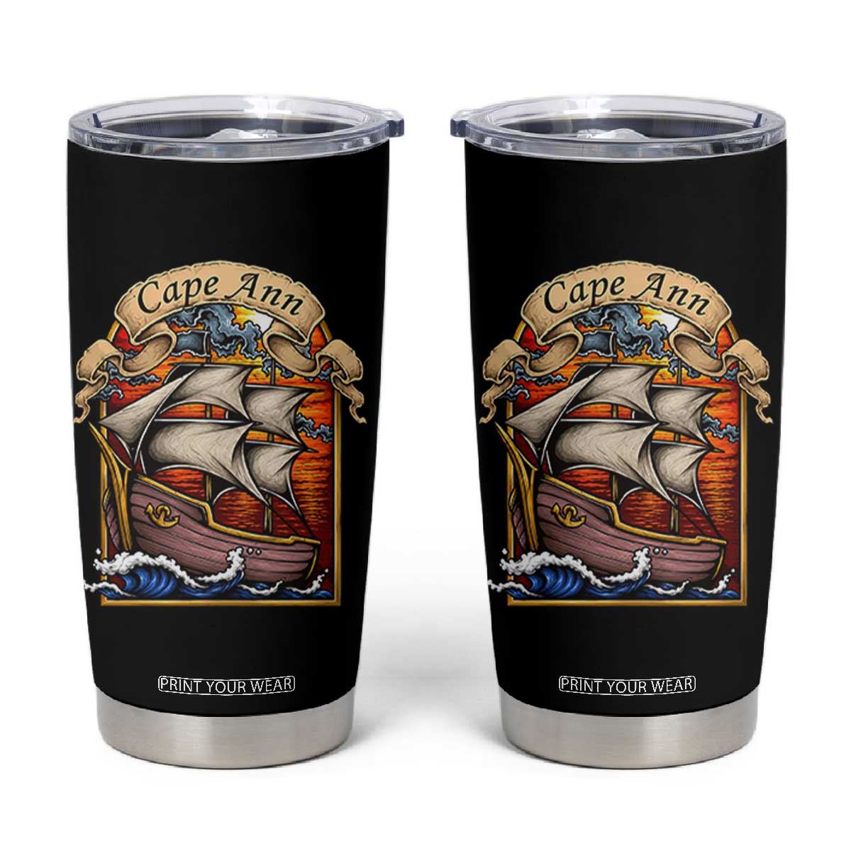 Cape Ann Vintage Nautical Sailing Ship Graphic Tumbler Cup Retro Stained Glass Window Style Ocean Sunset Tall Ship