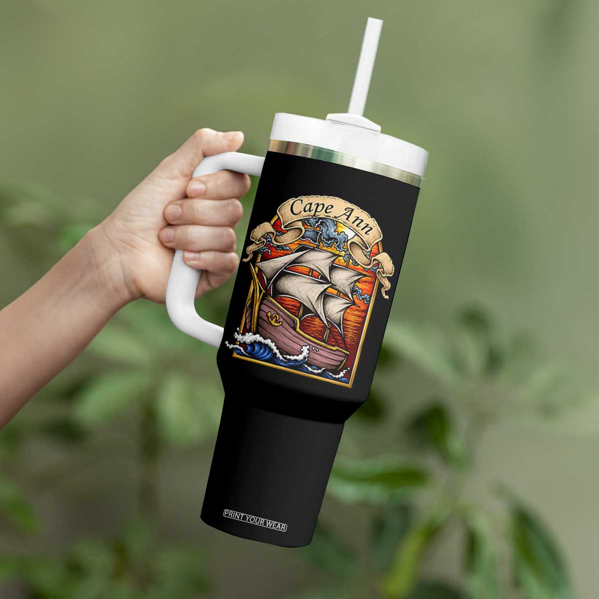 Cape Ann Vintage Nautical Sailing Ship Graphic Tumbler With Handle Retro Stained Glass Window Style Ocean Sunset Tall Ship