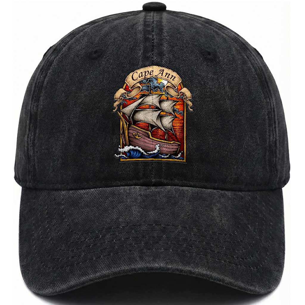 Cape Ann Vintage Nautical Sailing Ship Graphic Washed Cotton Baseball Cap Retro Stained Glass Window Style Ocean Sunset Tall Ship TS02 Print Your Wear