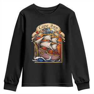 Cape Ann Vintage Nautical Sailing Ship Graphic Youth Sweatshirt Retro Stained Glass Window Style Ocean Sunset Tall Ship