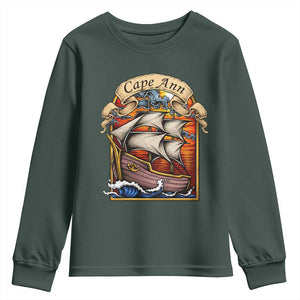Cape Ann Vintage Nautical Sailing Ship Graphic Youth Sweatshirt Retro Stained Glass Window Style Ocean Sunset Tall Ship
