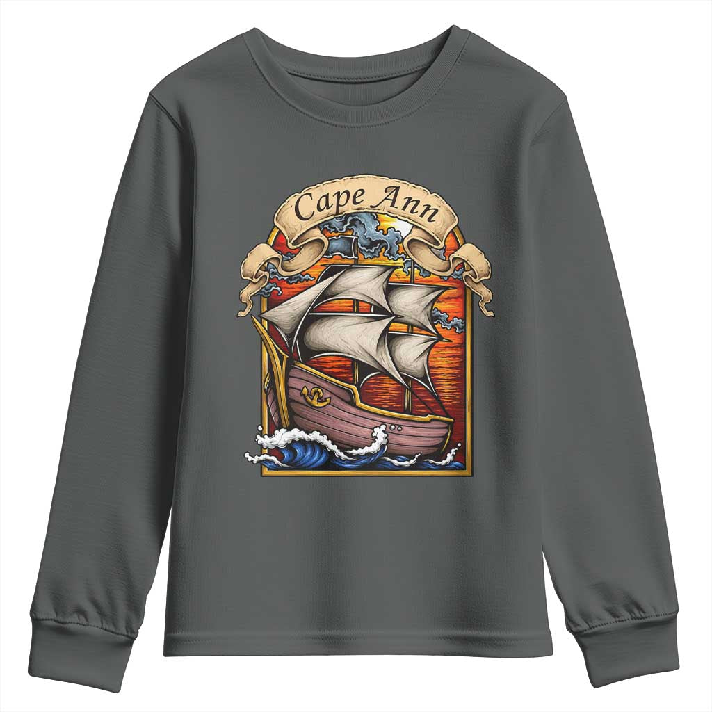 Cape Ann Vintage Nautical Sailing Ship Graphic Youth Sweatshirt Retro Stained Glass Window Style Ocean Sunset Tall Ship