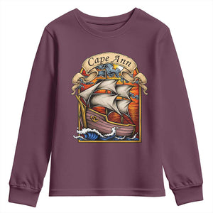Cape Ann Vintage Nautical Sailing Ship Graphic Youth Sweatshirt Retro Stained Glass Window Style Ocean Sunset Tall Ship
