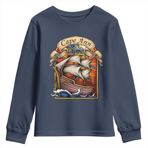 Cape Ann Vintage Nautical Sailing Ship Graphic Youth Sweatshirt Retro Stained Glass Window Style Ocean Sunset Tall Ship