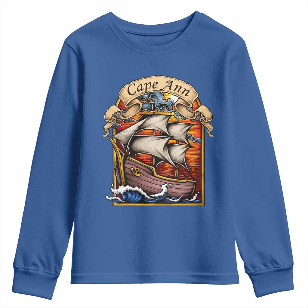 Cape Ann Vintage Nautical Sailing Ship Graphic Youth Sweatshirt Retro Stained Glass Window Style Ocean Sunset Tall Ship