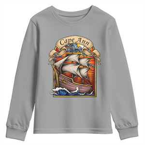 Cape Ann Vintage Nautical Sailing Ship Graphic Youth Sweatshirt Retro Stained Glass Window Style Ocean Sunset Tall Ship