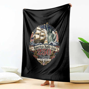 America Sails Into 250 Years Vintage Nautical Graphic Throw Blanket Statue of Liberty Tall Ship 1776 to 2026 Semiquincentennial Patriotic