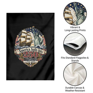 America Sails Into 250 Years Vintage Nautical Graphic Garden Flag Statue of Liberty Tall Ship 1776 to 2026 Semiquincentennial Patriotic