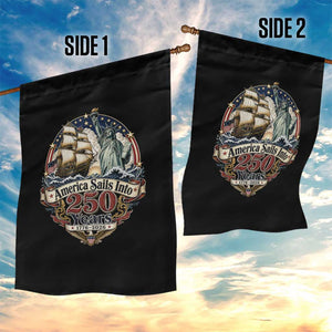 America Sails Into 250 Years Vintage Nautical Graphic Garden Flag Statue of Liberty Tall Ship 1776 to 2026 Semiquincentennial Patriotic