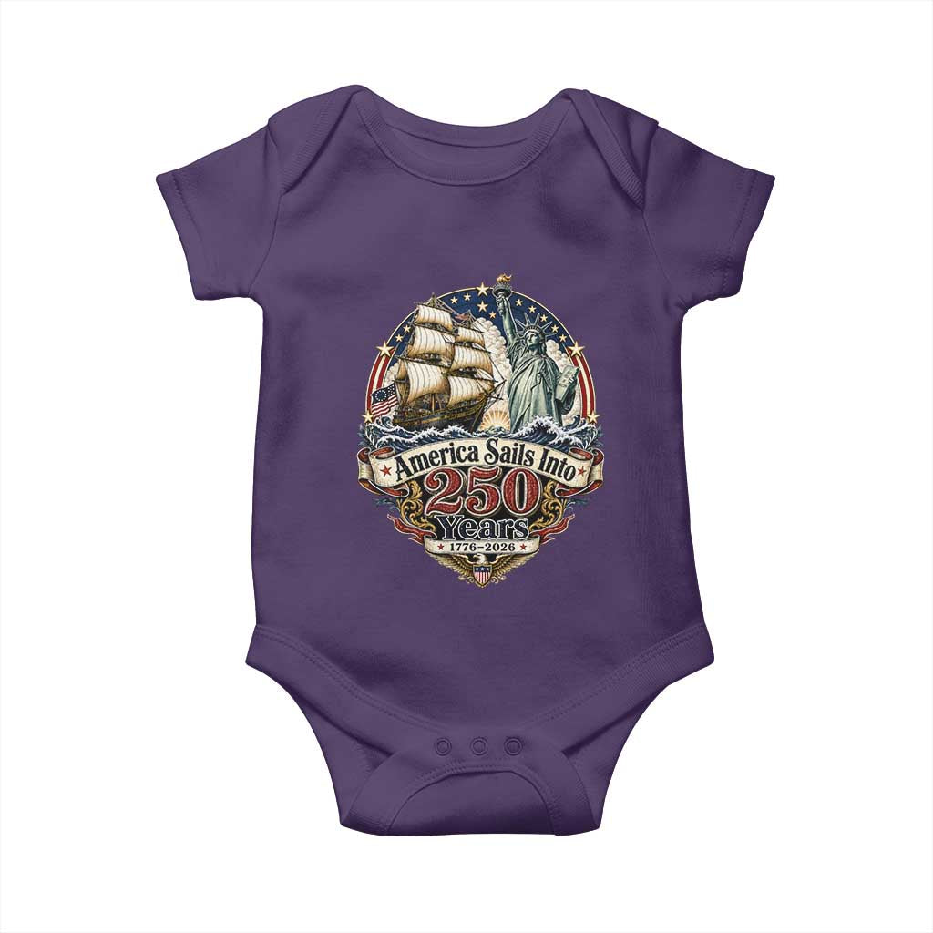 America Sails Into 250 Years Vintage Nautical Graphic Baby Onesie Statue of Liberty Tall Ship 1776 to 2026 Semiquincentennial Patriotic