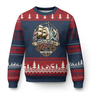 America Sails Into 250 Years Vintage Nautical Graphic Ugly Christmas Sweater Statue of Liberty Tall Ship 1776 to 2026 Semiquincentennial Patriotic
