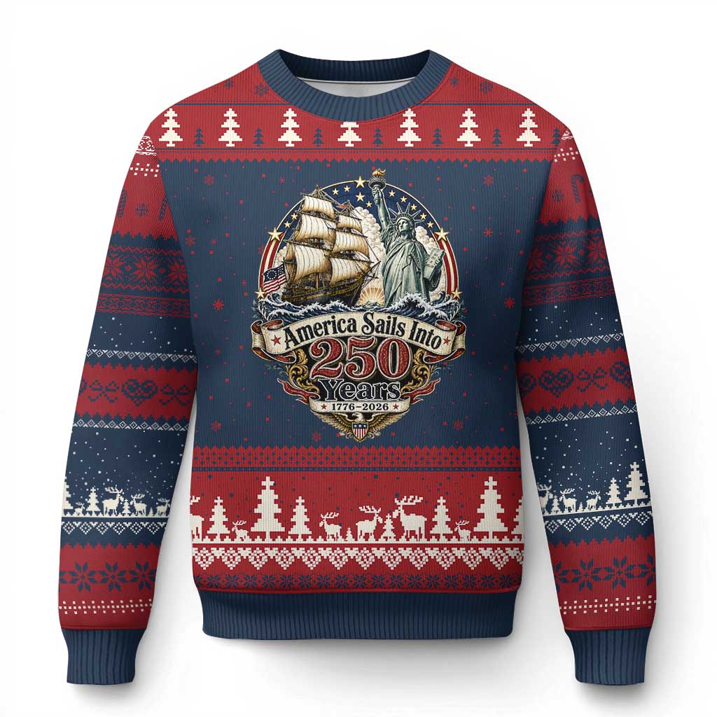 America Sails Into 250 Years Vintage Nautical Graphic Ugly Christmas Sweater Statue of Liberty Tall Ship 1776 to 2026 Semiquincentennial Patriotic TS02 Navy Red Print Your Wear