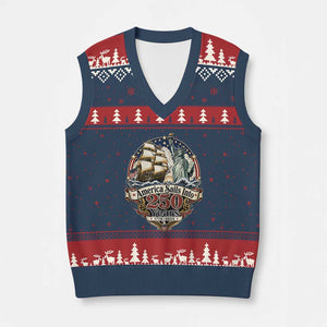 America Sails Into 250 Years Vintage Nautical Graphic V-Neck Knit Sweater Vest Statue of Liberty Tall Ship 1776 to 2026 Semiquincentennial Patriotic