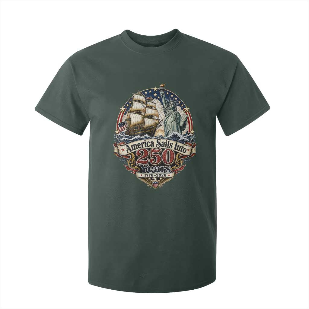 America Sails Into 250 Years Vintage Nautical Graphic T Shirt For Kid Statue of Liberty Tall Ship 1776 to 2026 Semiquincentennial Patriotic