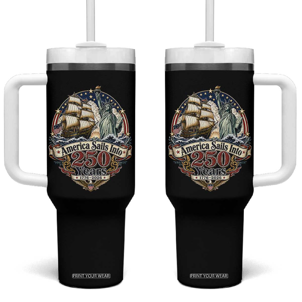 America Sails Into 250 Years Vintage Nautical Graphic Tumbler With Handle Statue of Liberty Tall Ship 1776 to 2026 Semiquincentennial Patriotic